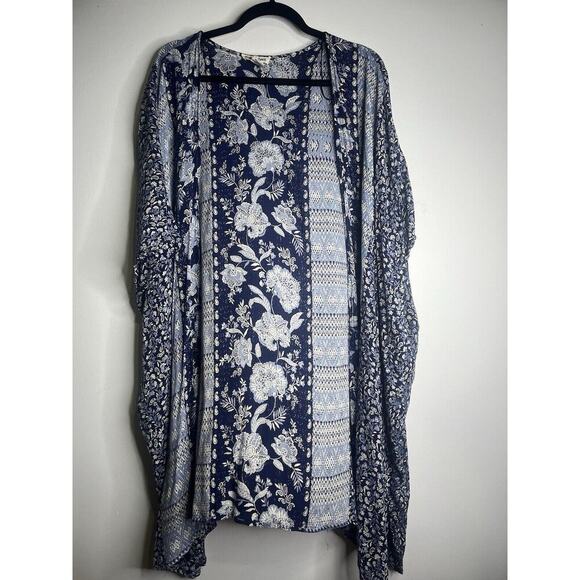 Gypsy Love Open Front Boho Kimono Cover Up Vest Large Blue Floral print - Picture 1 of 7